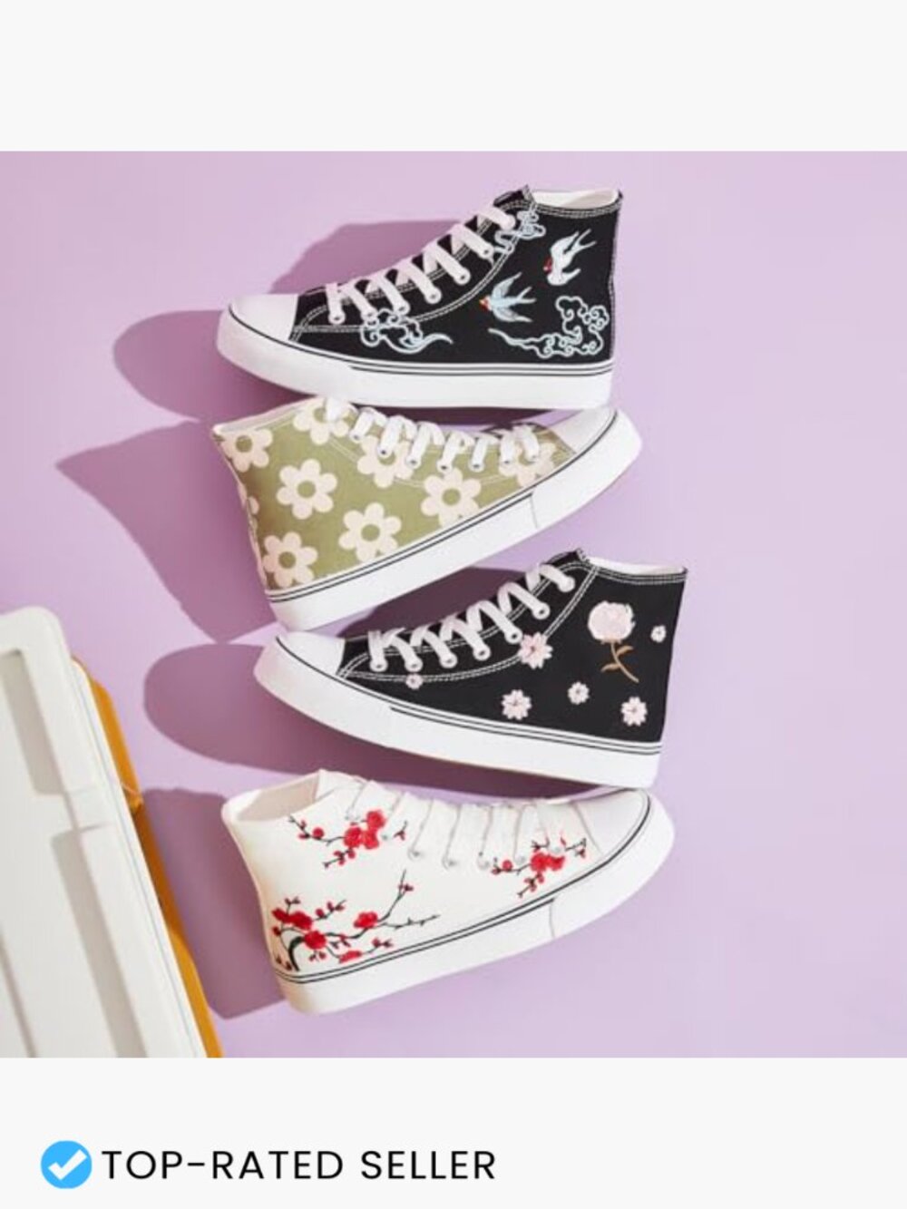 High Top Canvas Sneakers Embroidered Floral Lace Up Casual Walking Comfort Shoes - Picture 3 of 7
